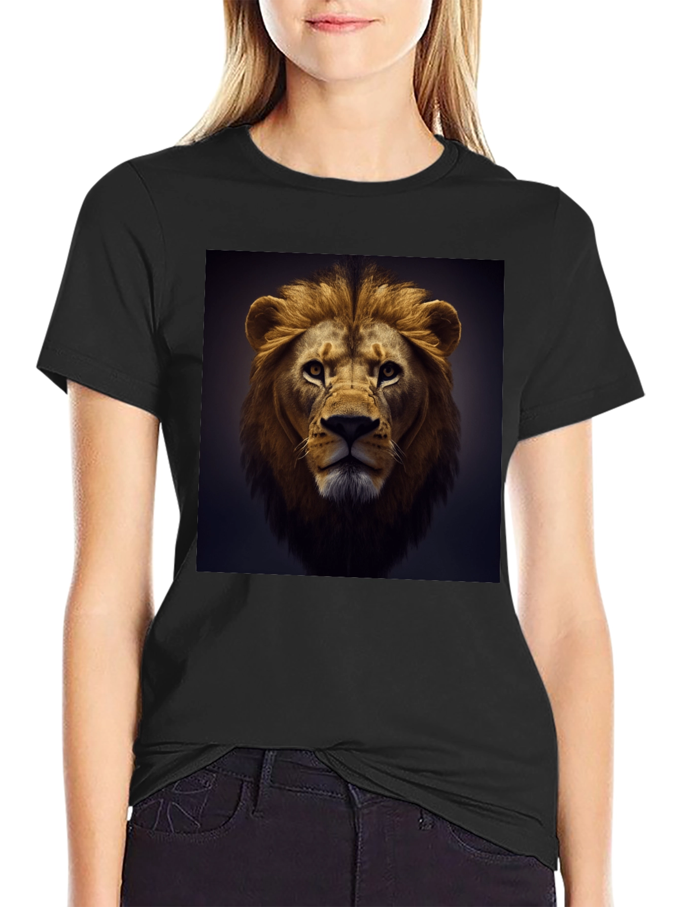 Lion Face Graphic Tee - Black Cotton T-Shirt