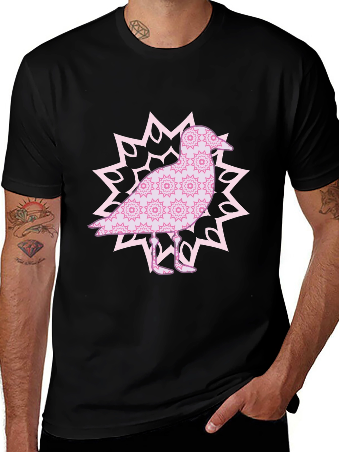 Bird Mandala Graphic Tee - Black Cotton Casual Top