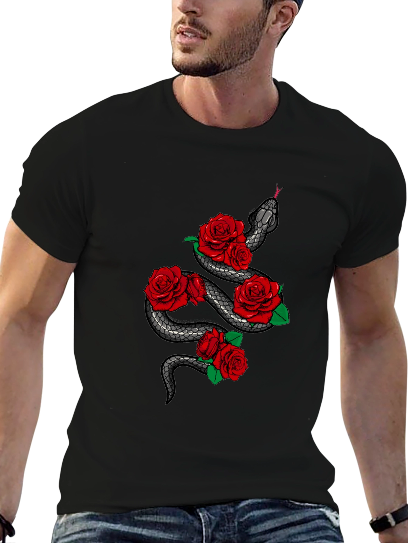 Snake & Roses Graphic Tee - Mens Black T-Shirt
