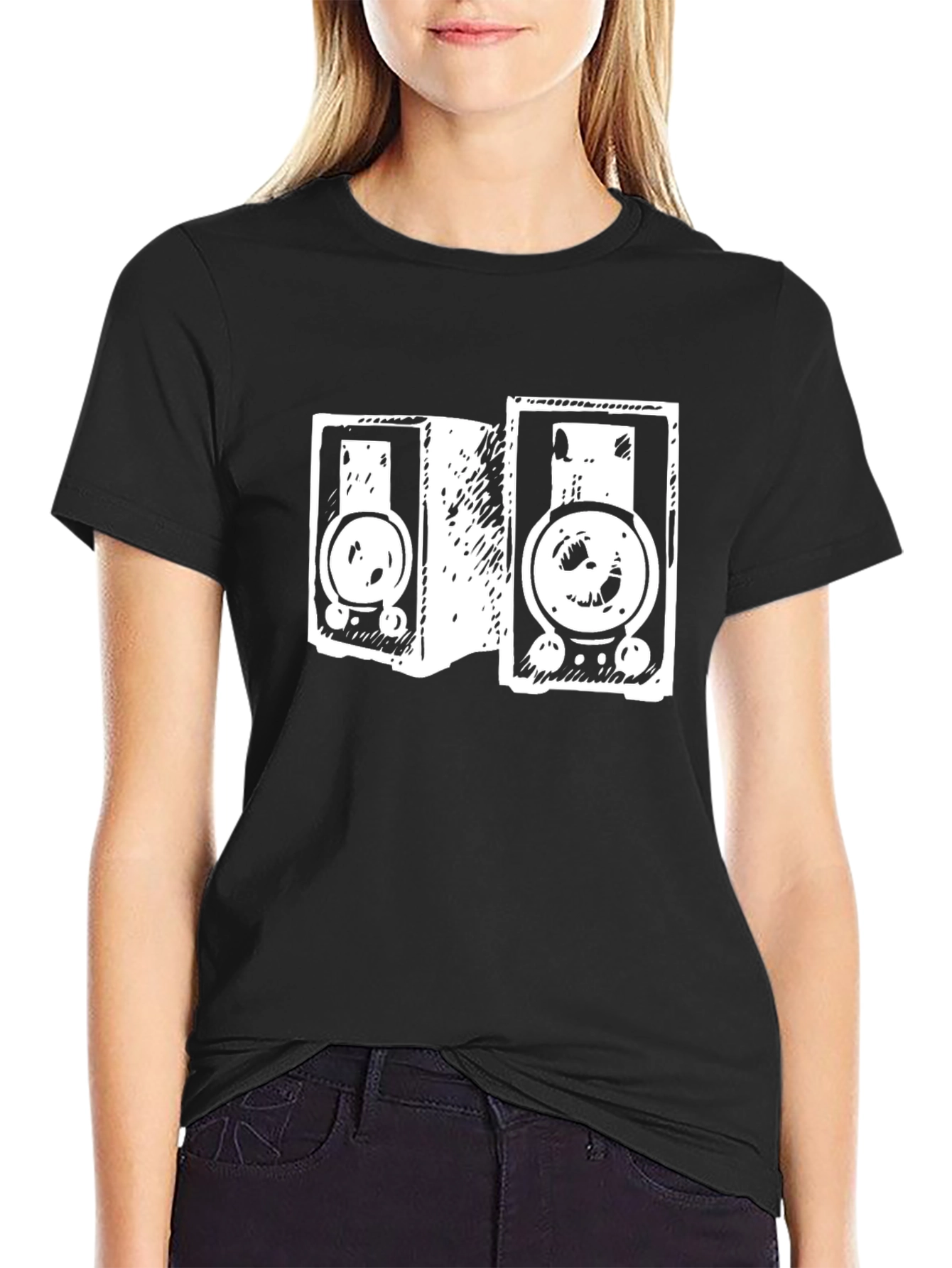 Retro Speaker Graphic Tee - Black Cotton T-Shirt