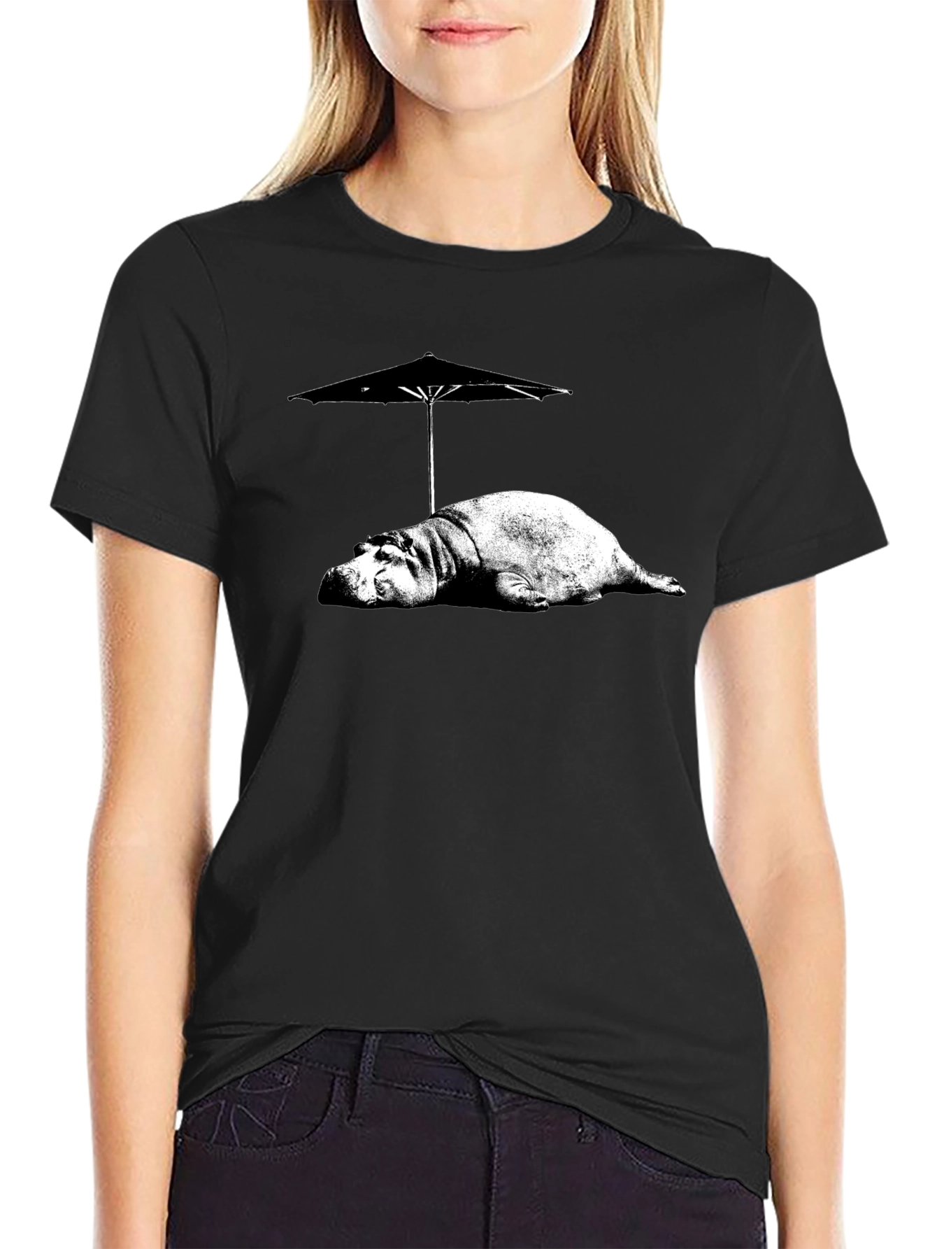 Hippo Under Umbrella Graphic Tee - Relaxed Summer Style