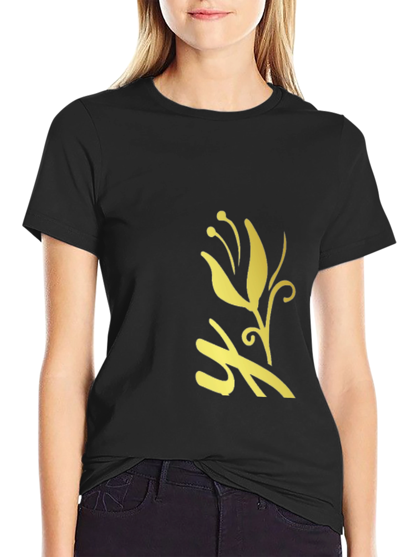 Black T-Shirt with Golden Flower Design