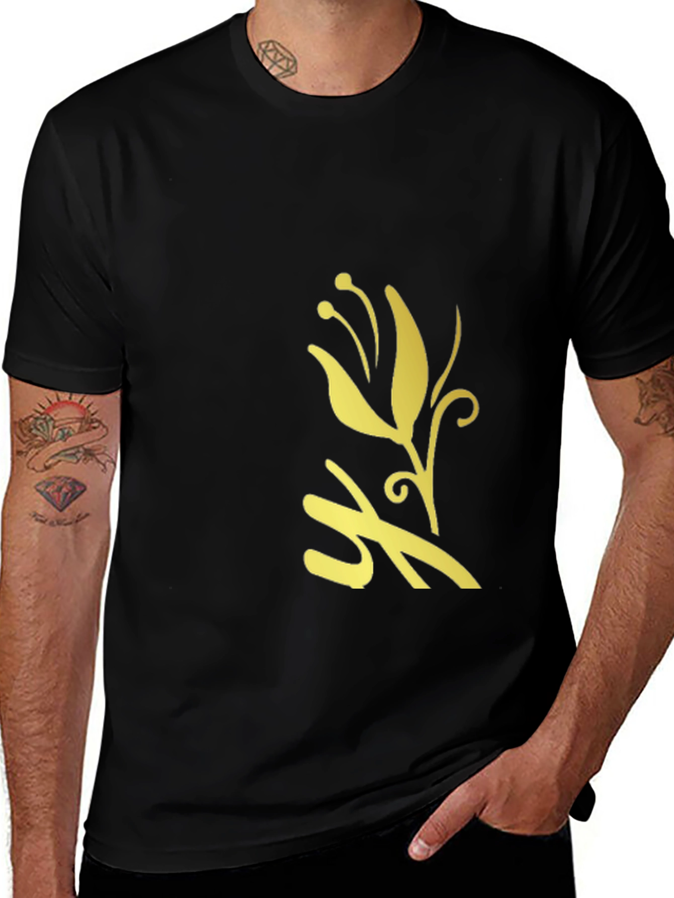 Black T-Shirt with Golden Flower Design