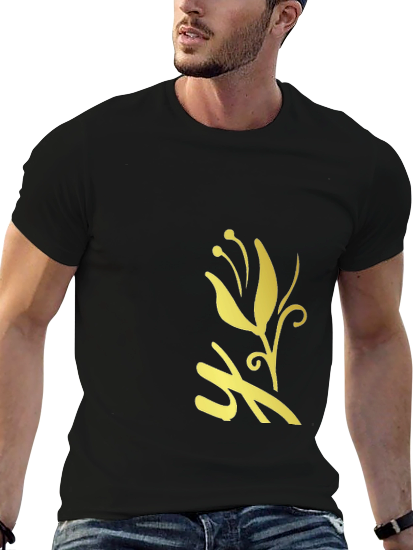 Black T-Shirt with Golden Flower Design