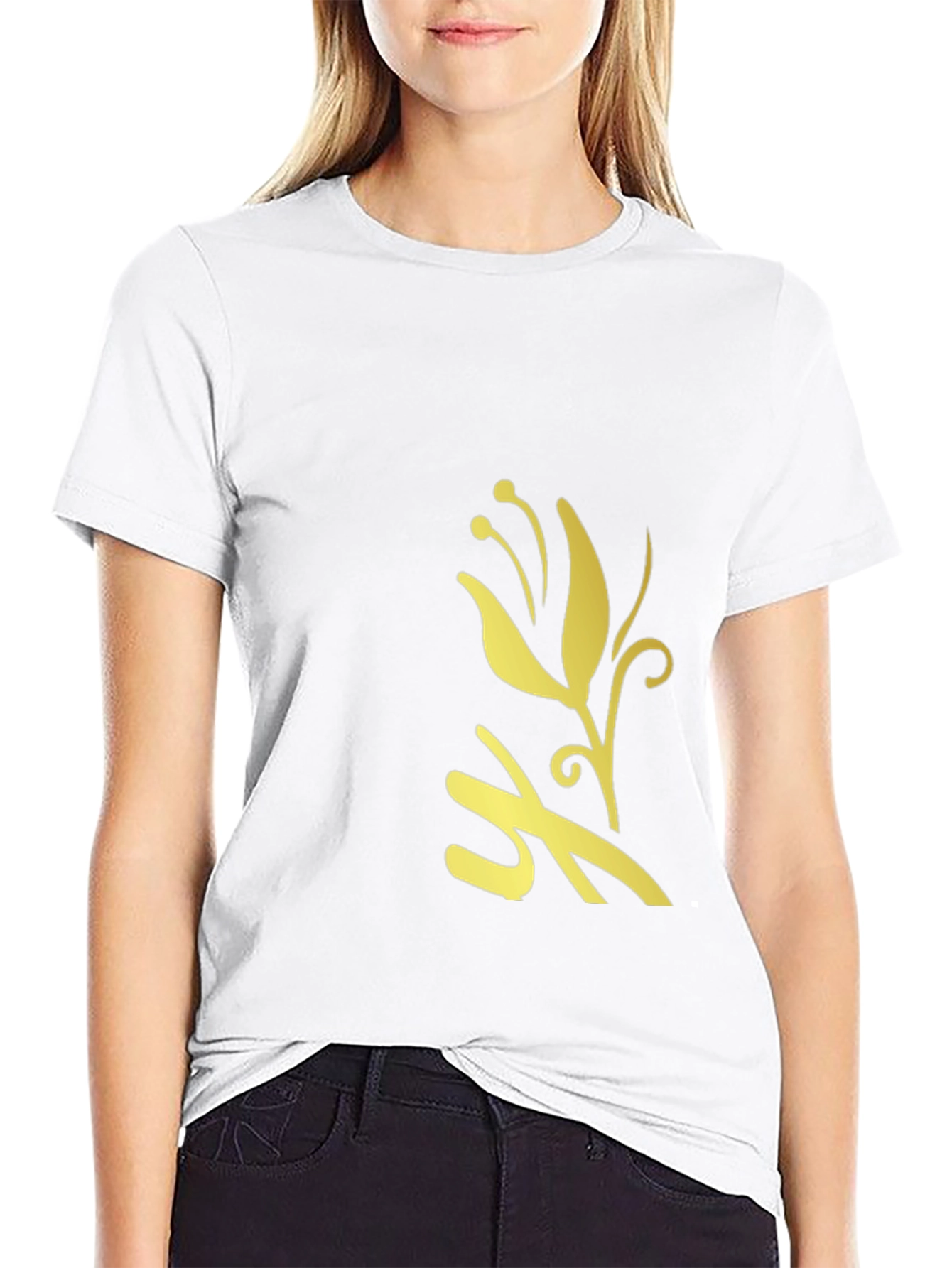 Black T-Shirt with Golden Flower Design