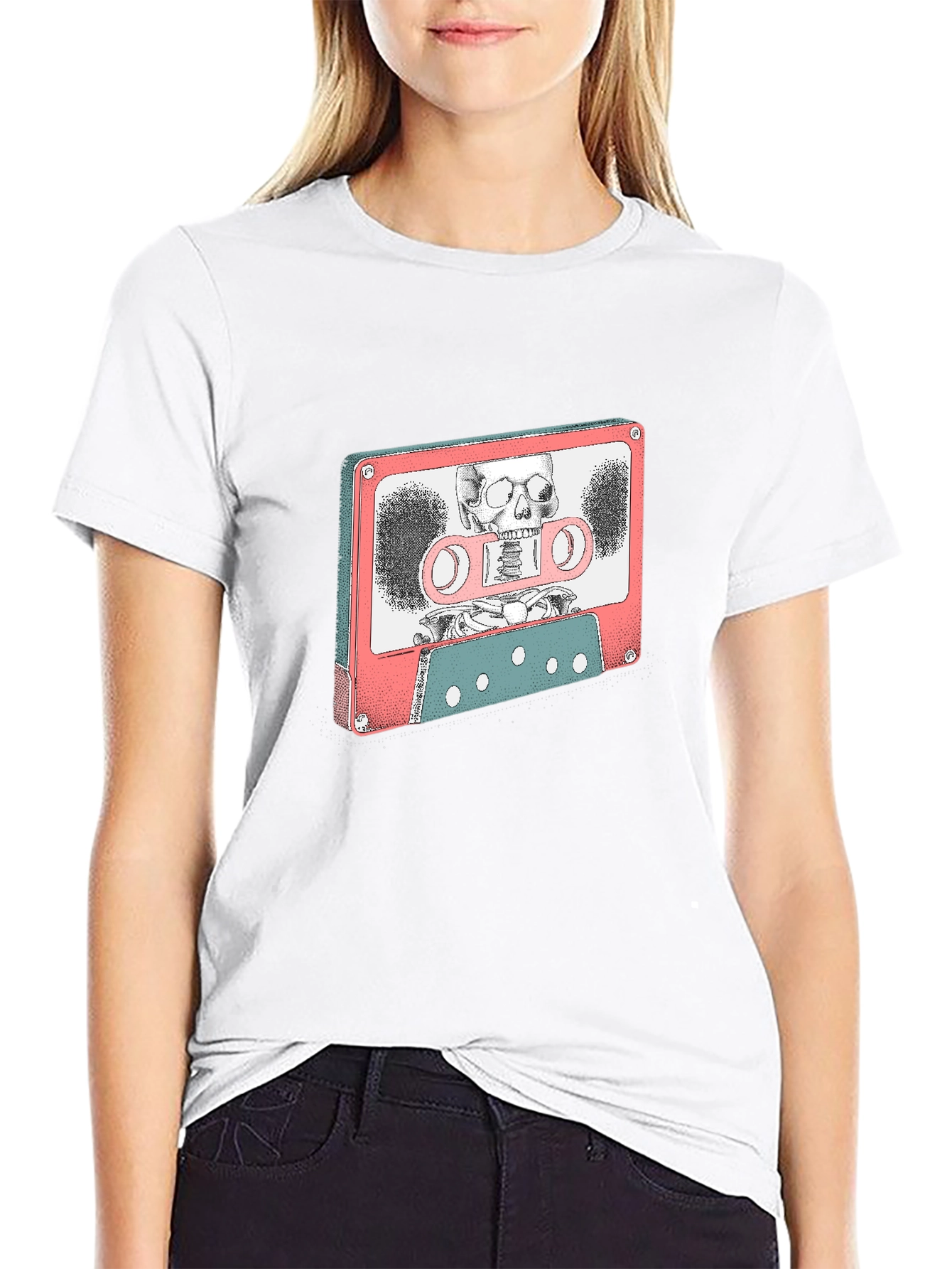 Retro Cassette Tape Skeleton Graphic T-Shirt