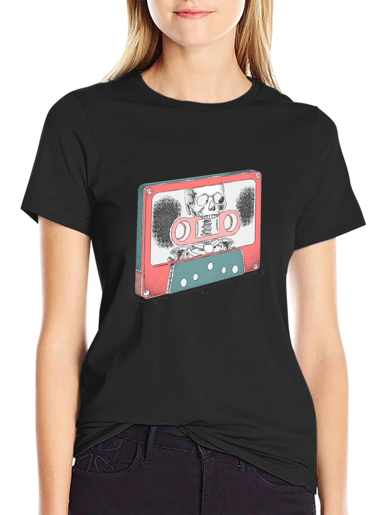Retro Cassette Tape Skeleton Graphic T-Shirt