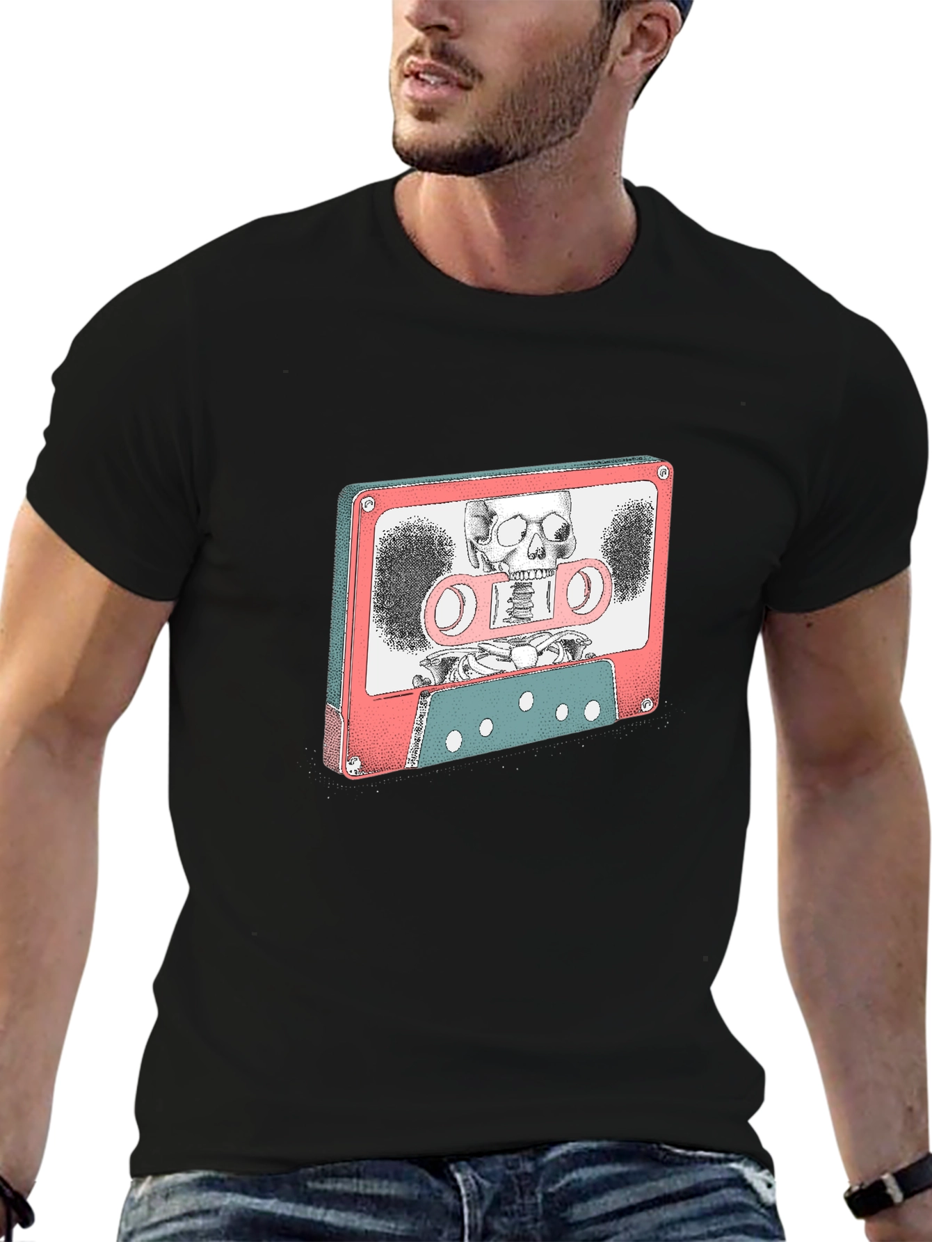 Retro Cassette Tape Skeleton Graphic T-Shirt