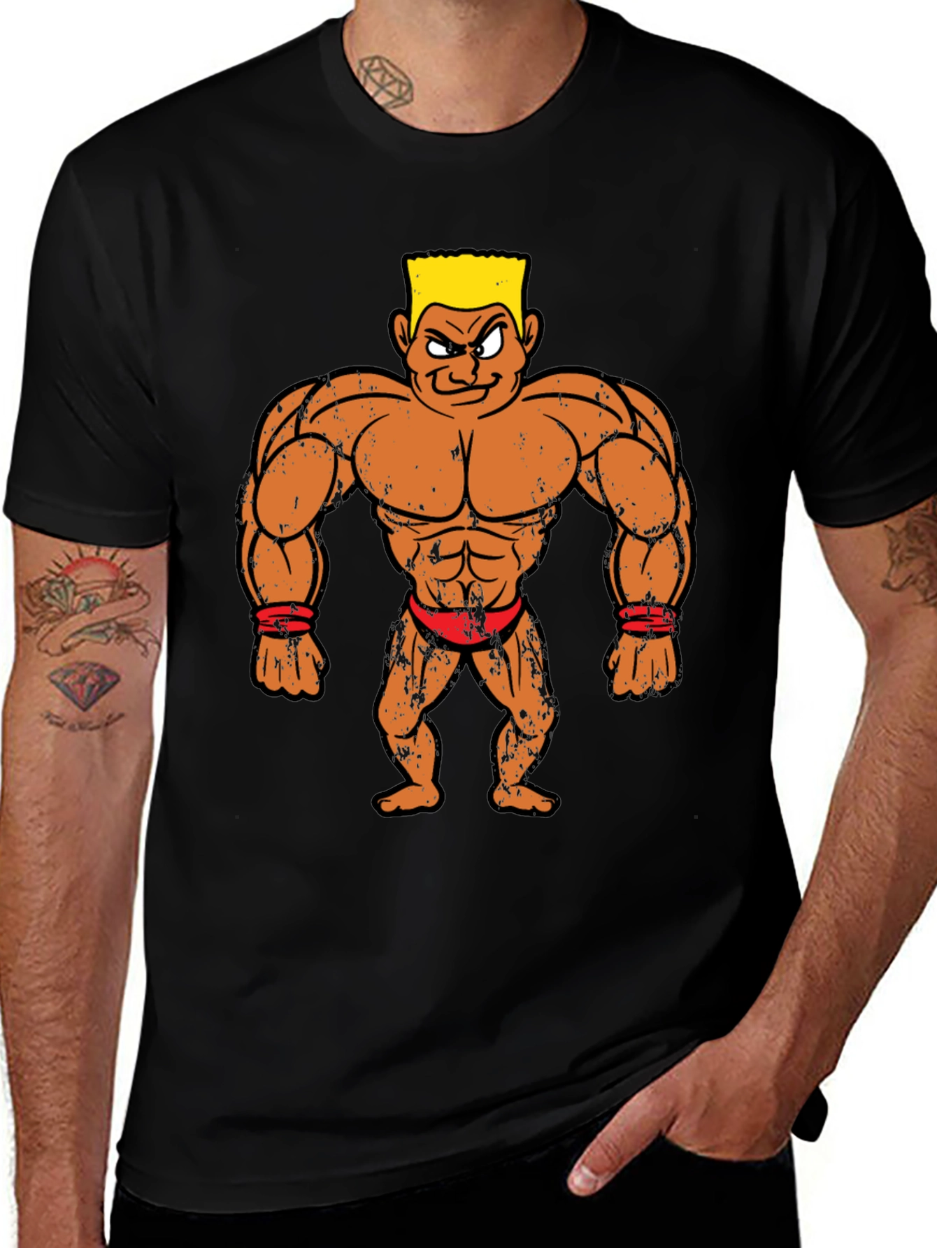 Cartoon Bodybuilder Graphic Tee - Black