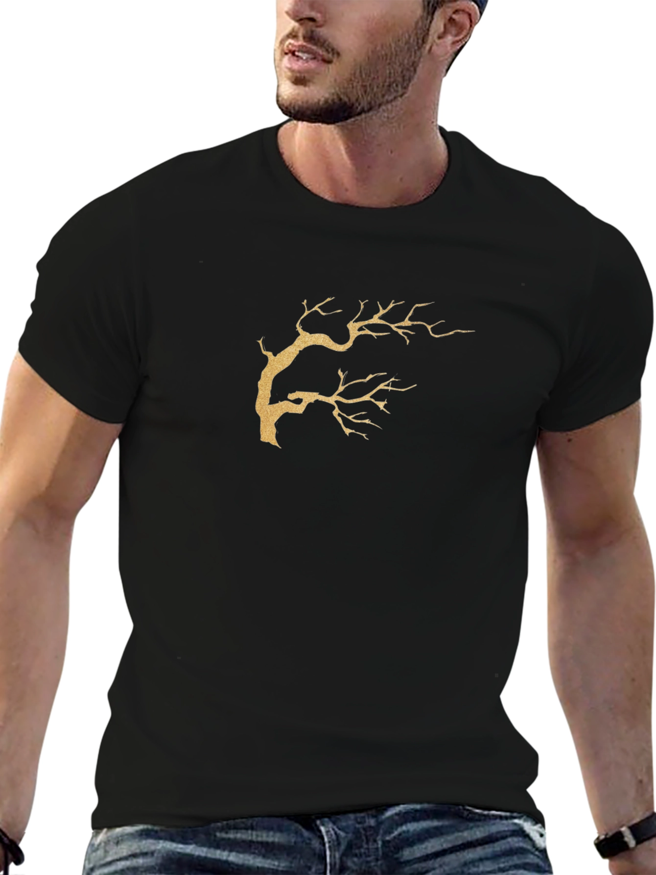 Black T-Shirt with Gold Tree Branch Graphic
