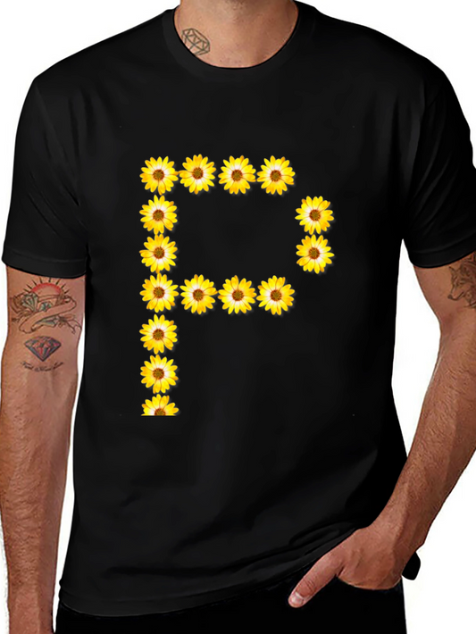 Floral Letter P Graphic Tee - Black Cotton Shirt