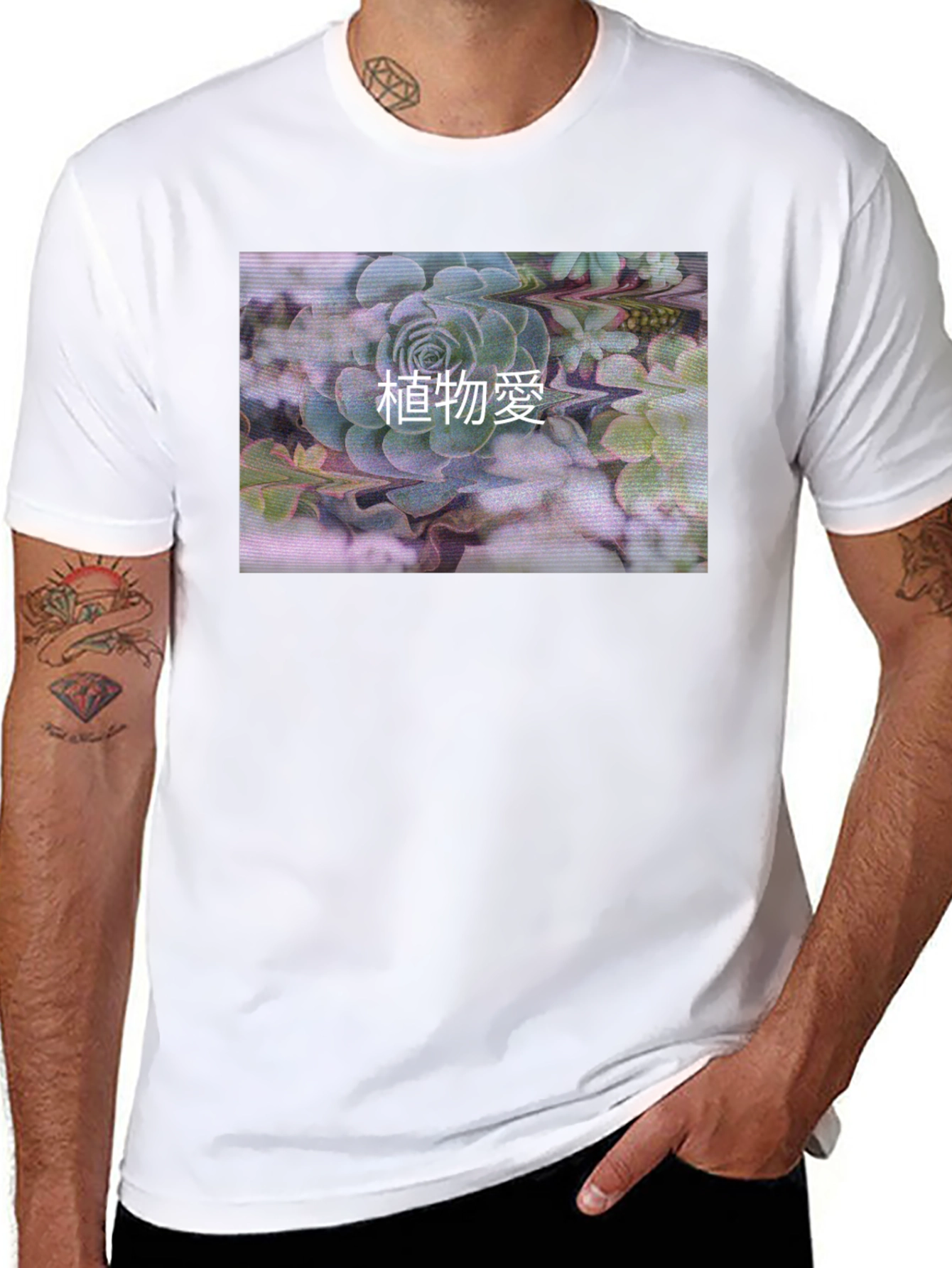 Black T-Shirt with Succulent Graphic Print