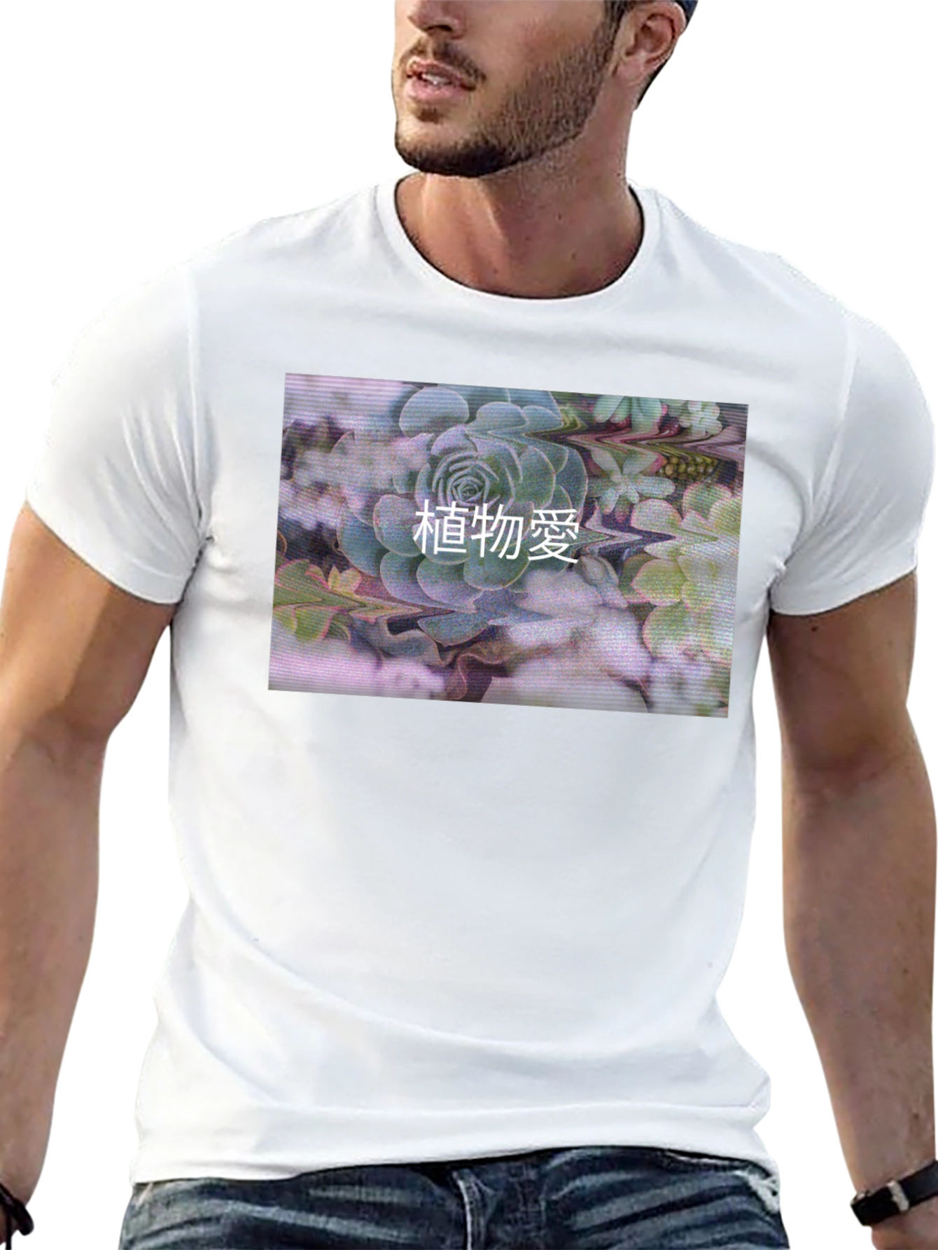 Black T-Shirt with Succulent Graphic Print