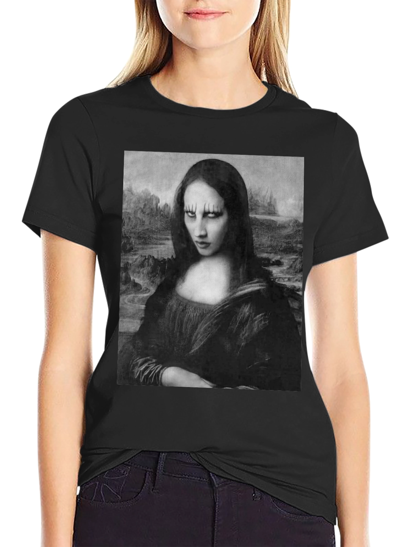 Gothic Mona Lisa Graphic Tee - Black Cotton T-Shirt