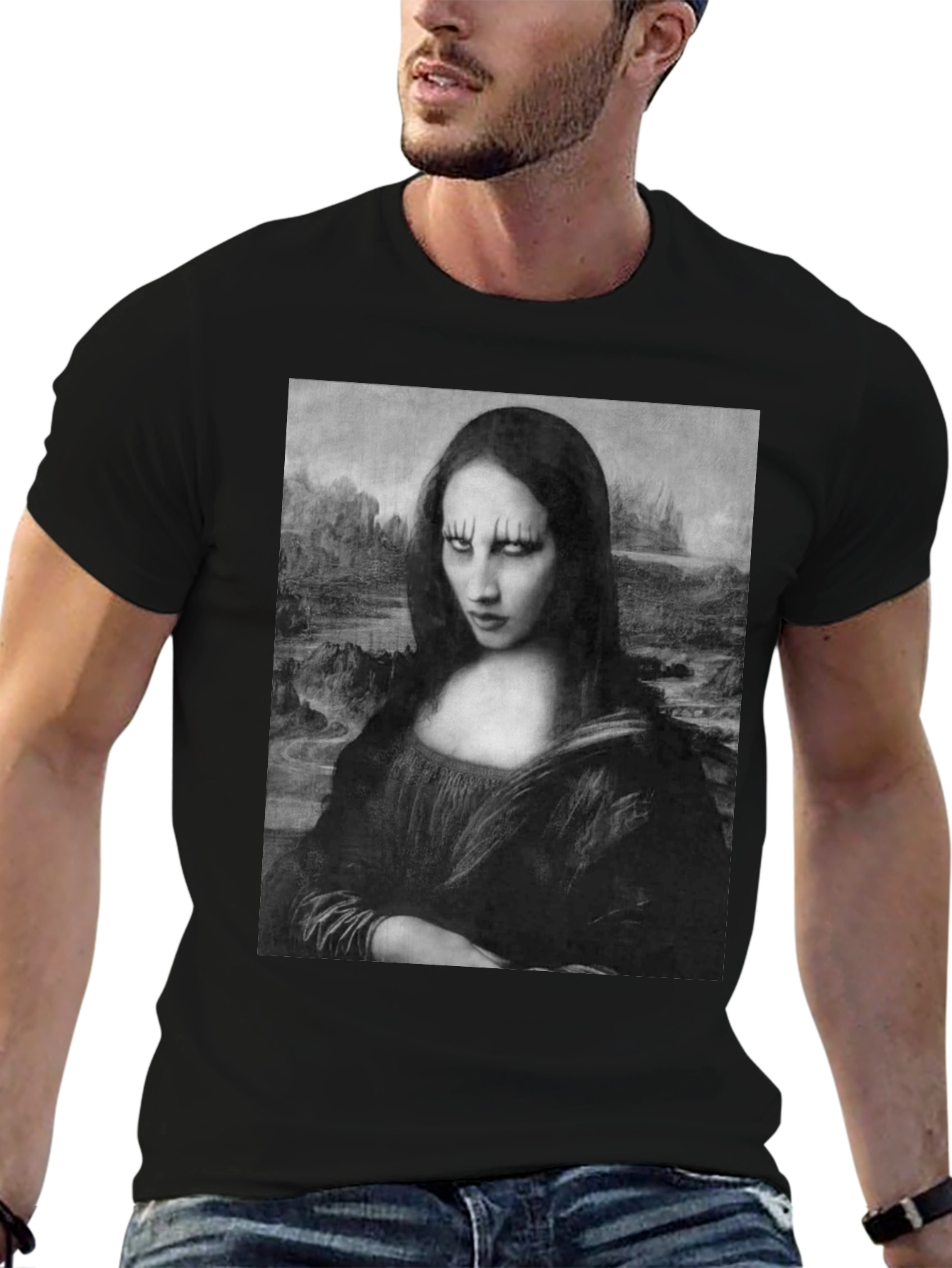 Gothic Mona Lisa Graphic Tee - Black Cotton T-Shirt