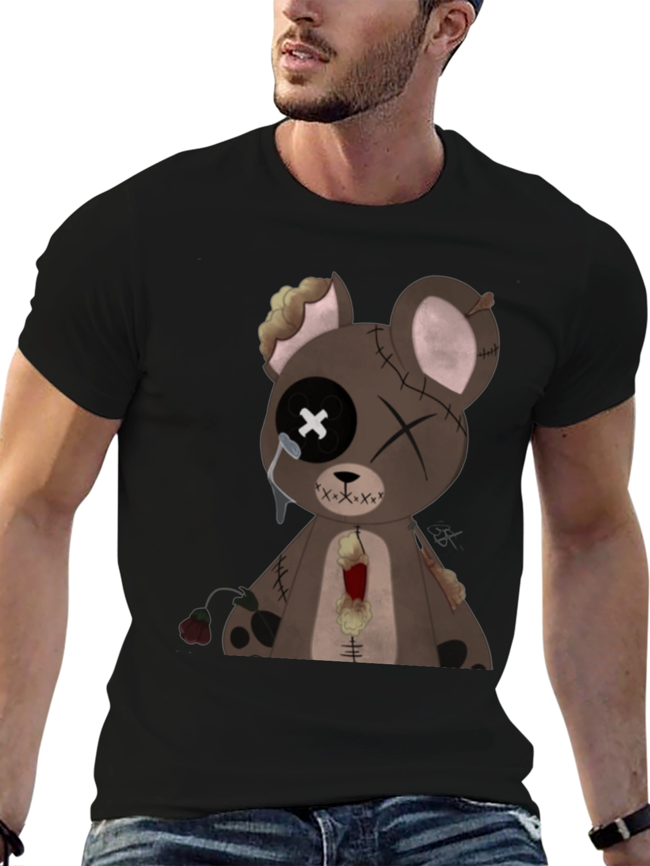 Distressed Teddy Bear Graphic Tee - Mens Black T-Shirt