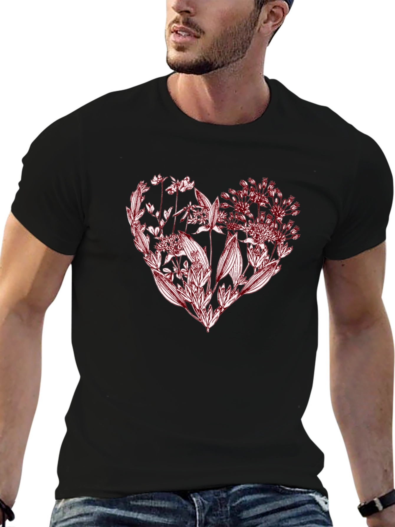 Floral Heart Graphic Tee - Stylish Black T-Shirt