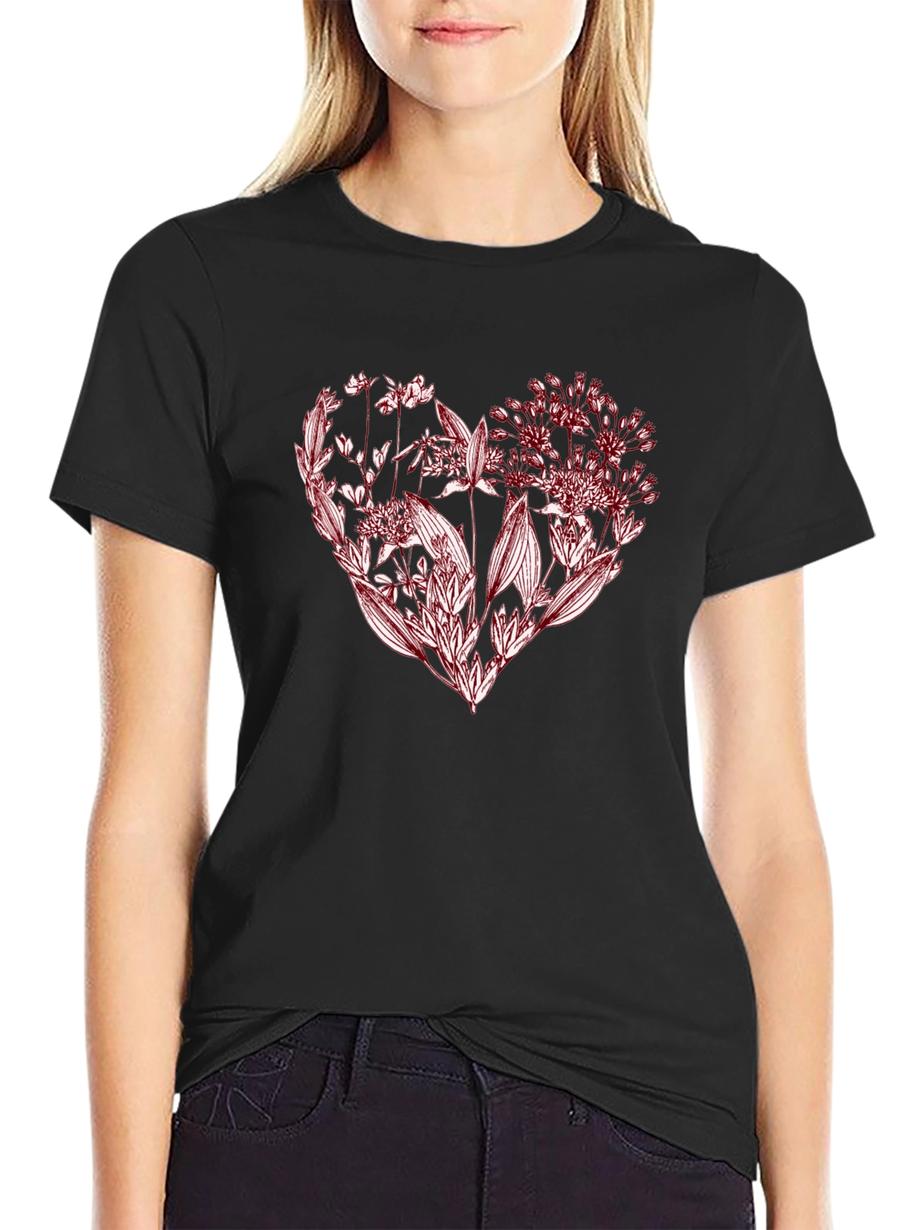 Floral Heart Graphic Tee - Stylish Black T-Shirt