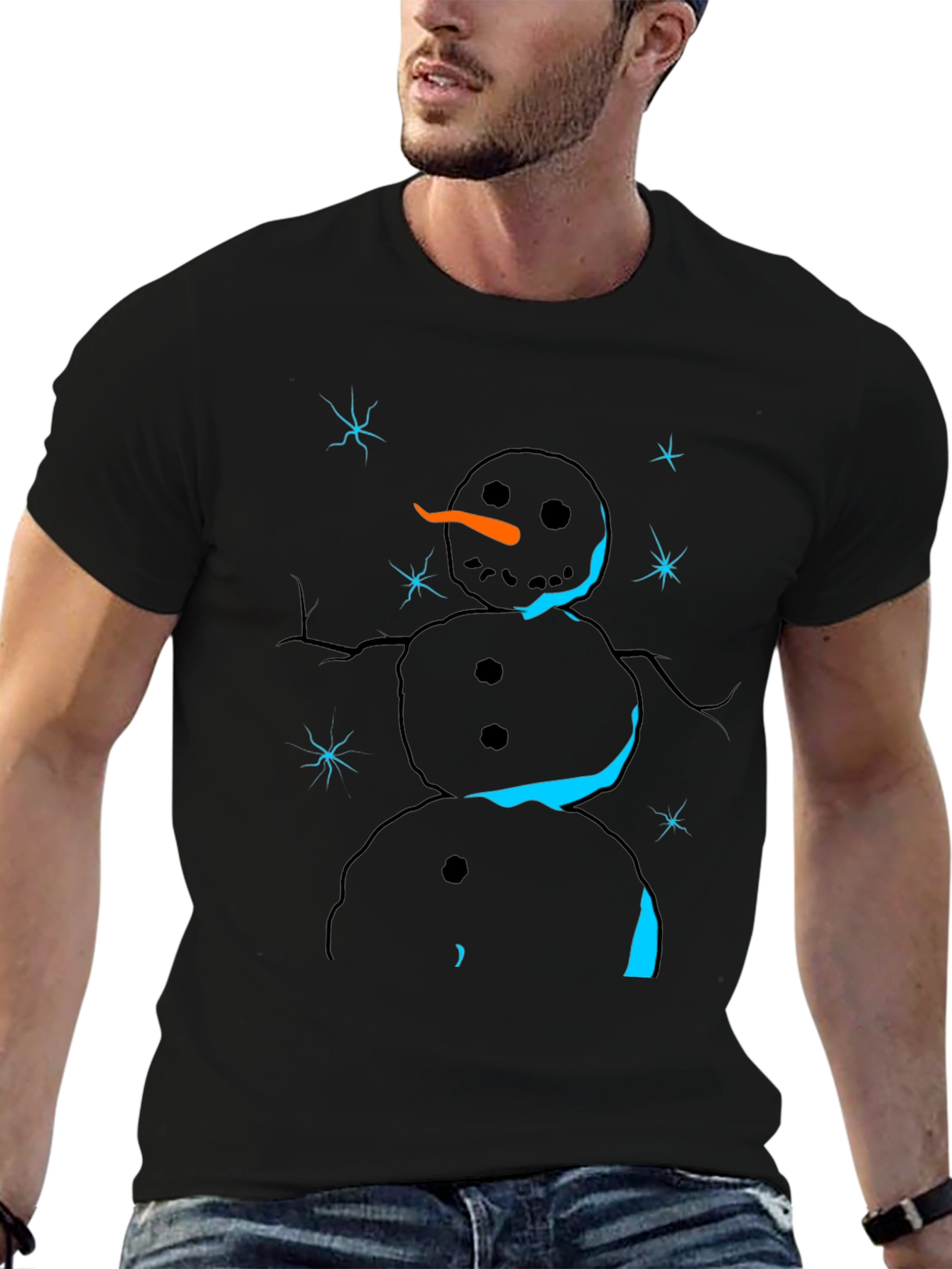 Snowman Graphic Tee - Black Cotton Holiday T-Shirt