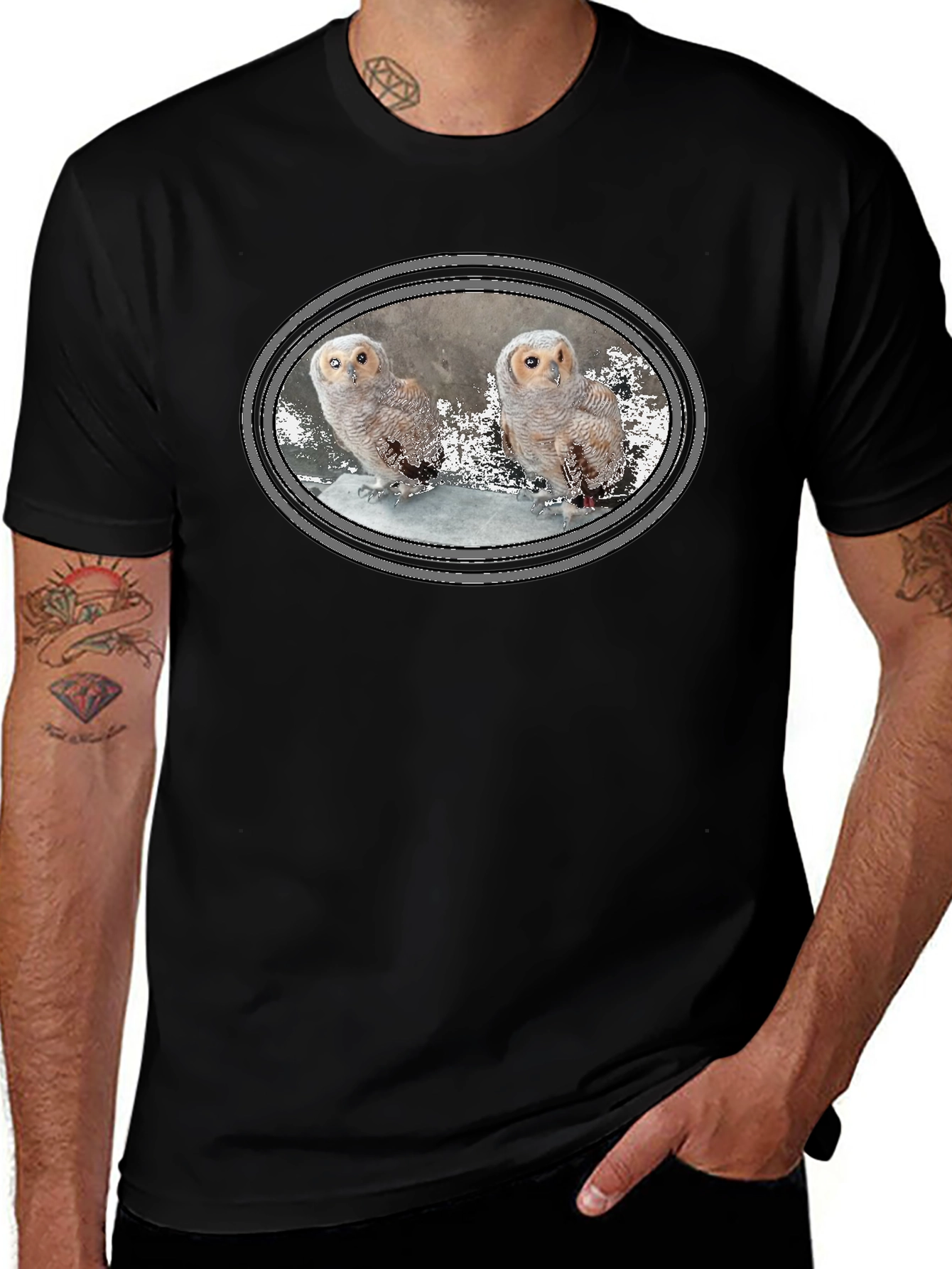Owl Graphic Print Black Cotton T-Shirt