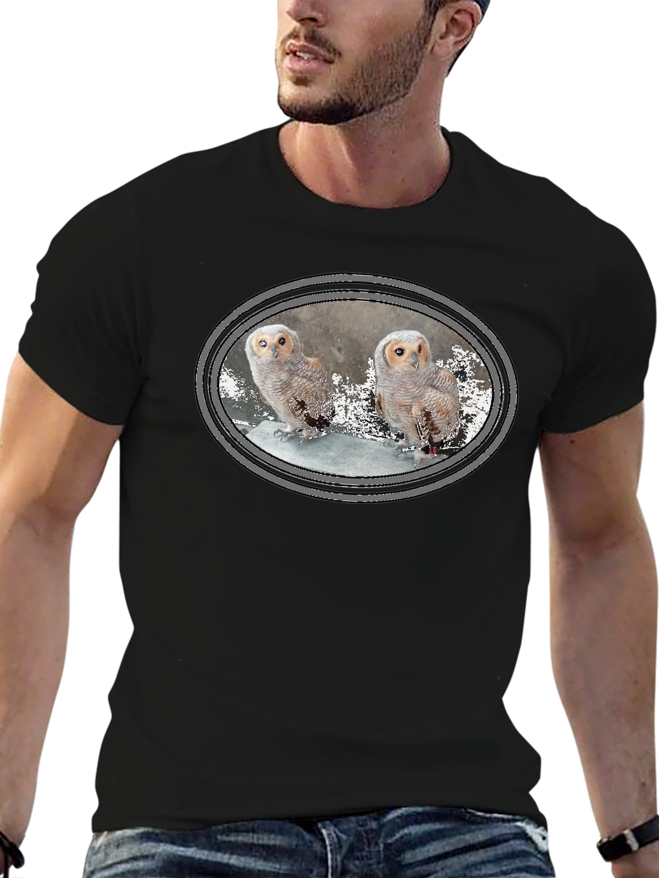 Owl Graphic Print Black Cotton T-Shirt