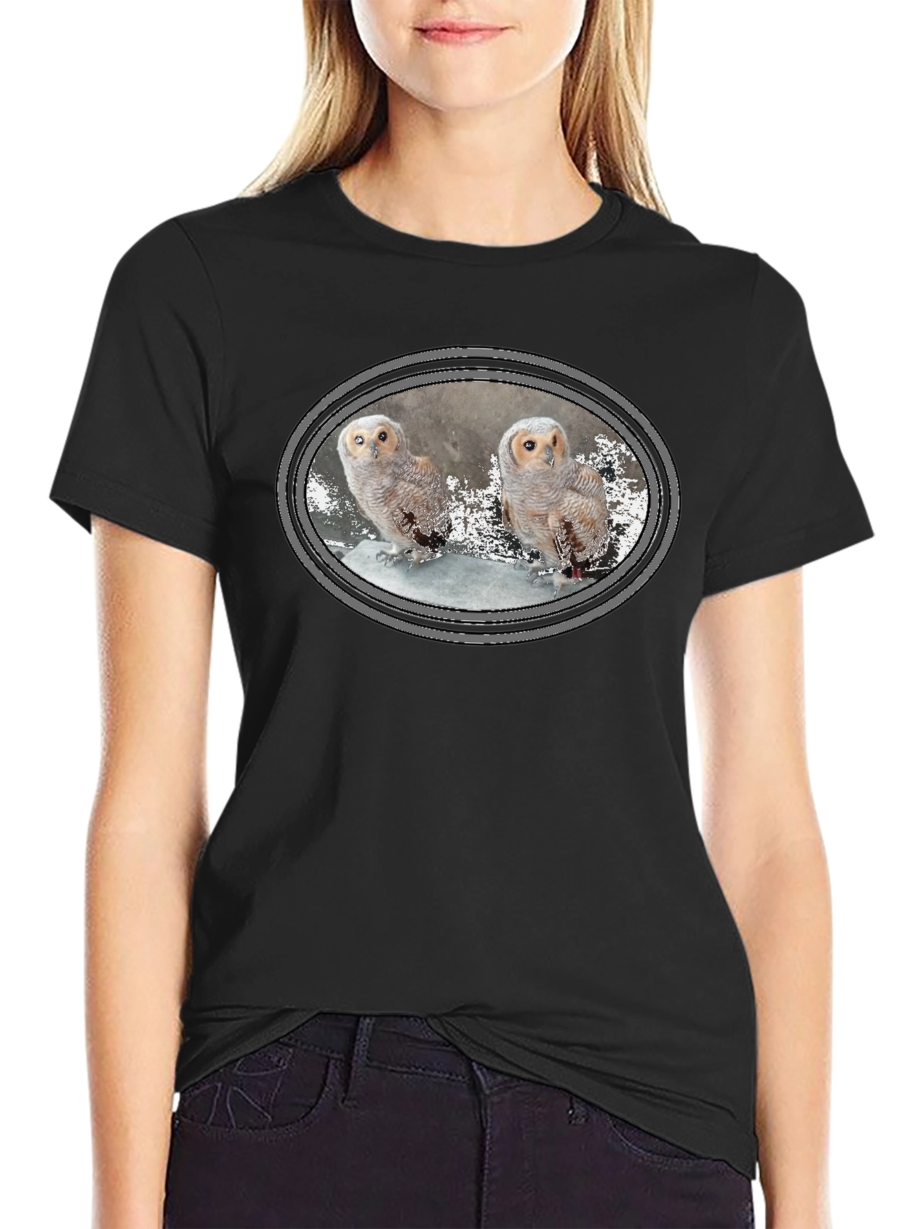 Owl Graphic Print Black Cotton T-Shirt