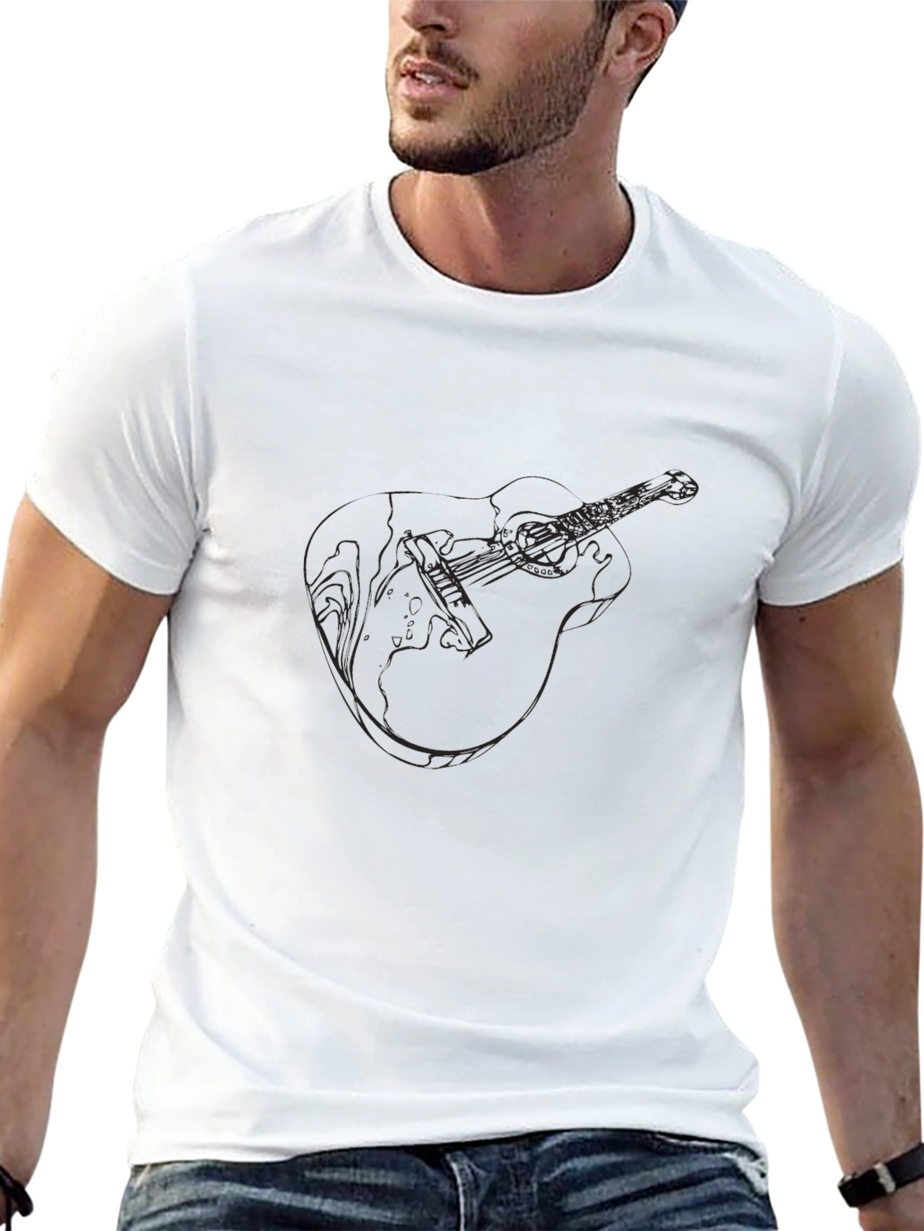 Acoustic Guitar Line Art Black T-Shirt