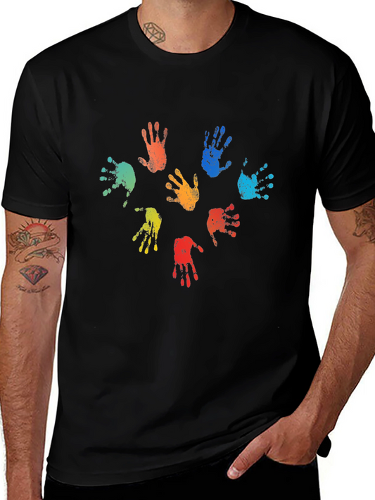 Colorful Handprint T-Shirt - Black Crew Neck Tee