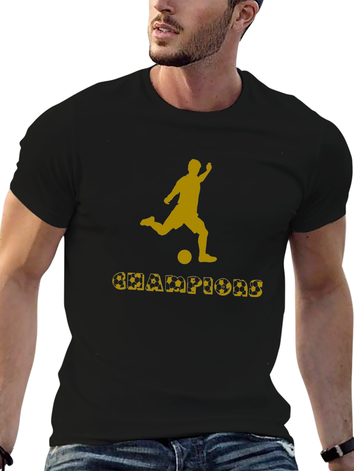 Champions Soccer Graphic Tee - Black Cotton T-Shirt